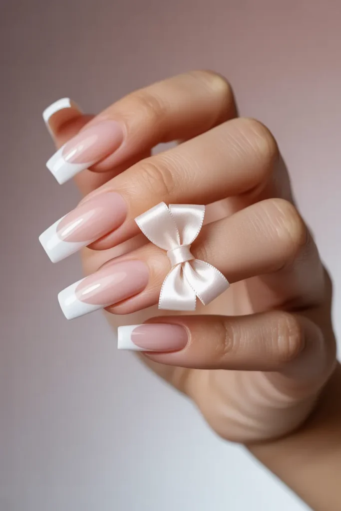 6. White French Tip Coffin Nails with Bow