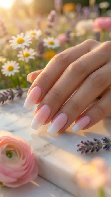 White coffin spring nails with pink to white ombre gradient — white spring nails coffin shape