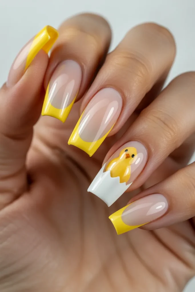 6. Yellow French Tip Coffin Nails