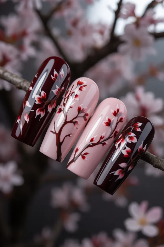 7. Black Cherry Blossom Nails — Gorgeous Dark Nail Art