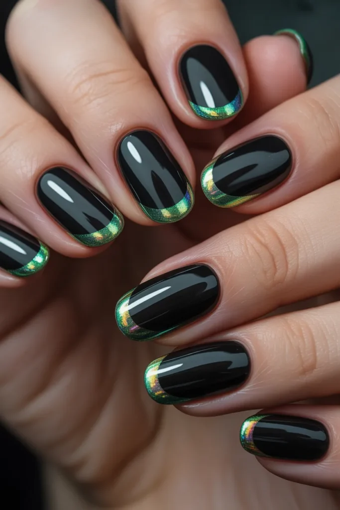 7. Black Nails with Holographic Green Tips