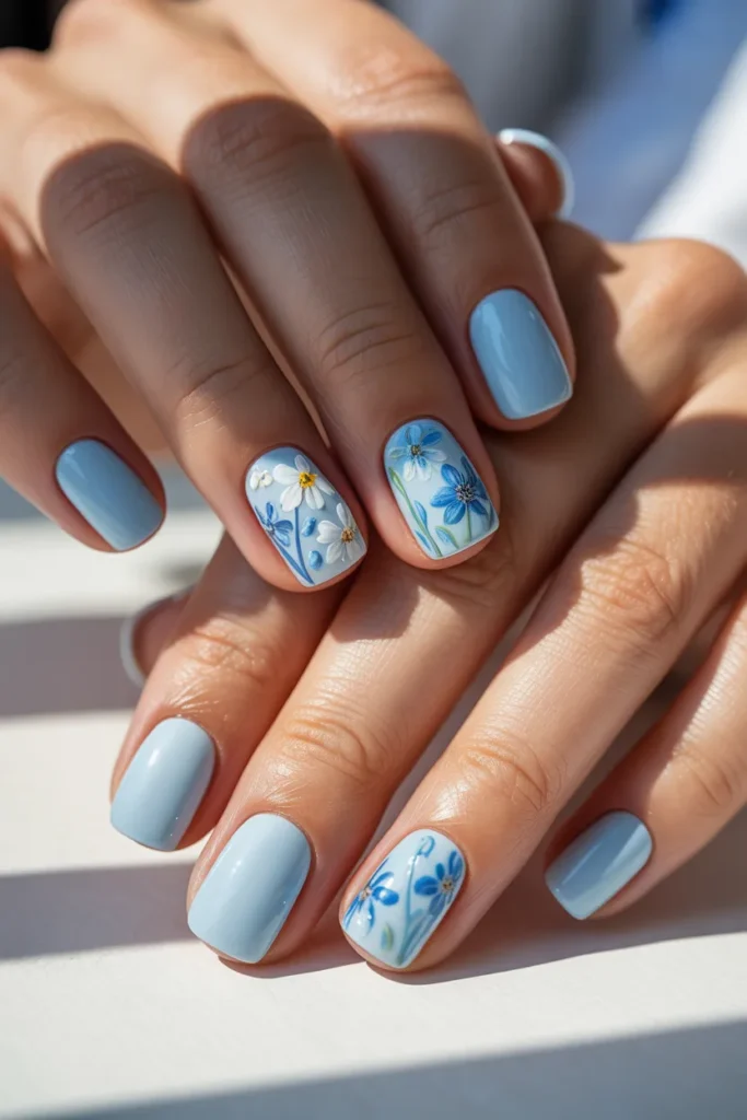 7. Blue Floral Spring Nails