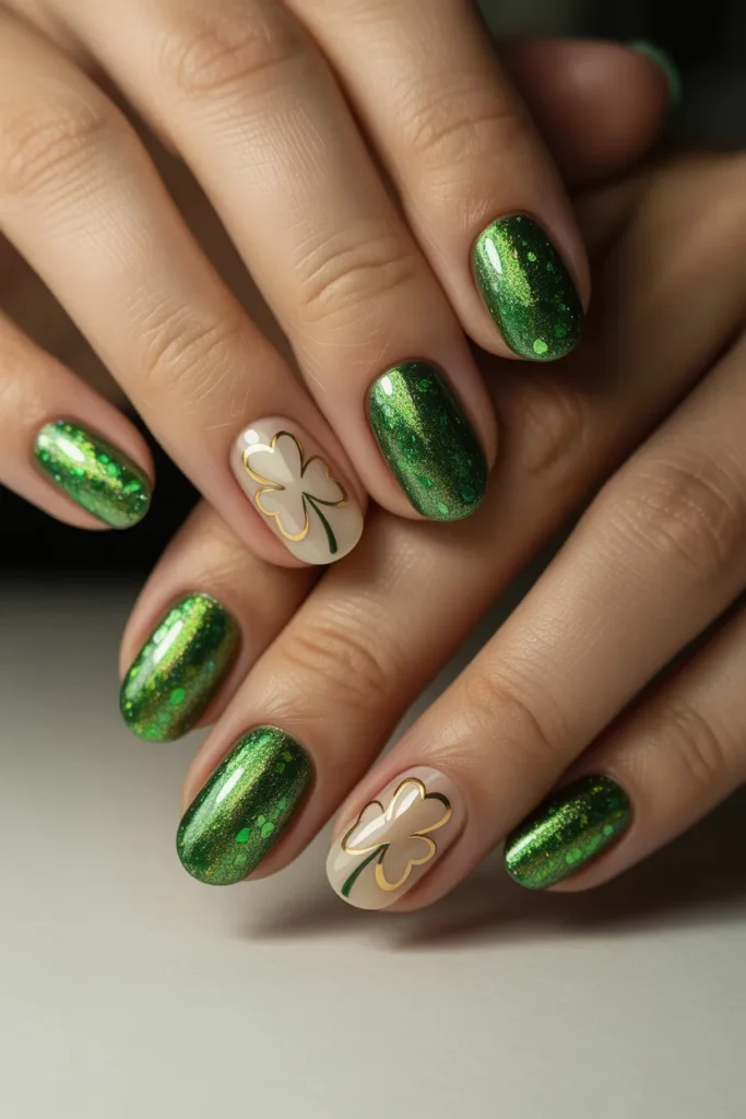 7. Glitter Shamrock Nails
