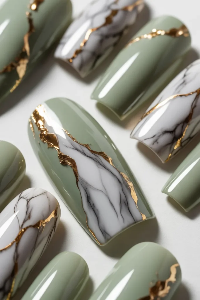 7. Green Marble Nail Design