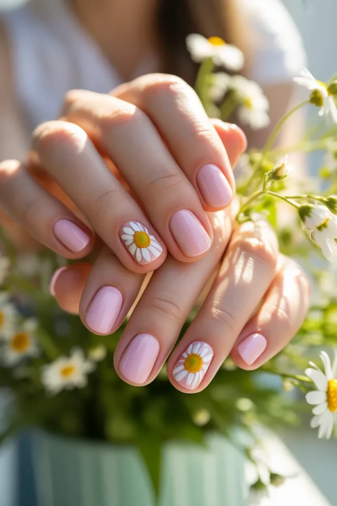 7. Pastel Pink Gel Nails with Daisy Accents