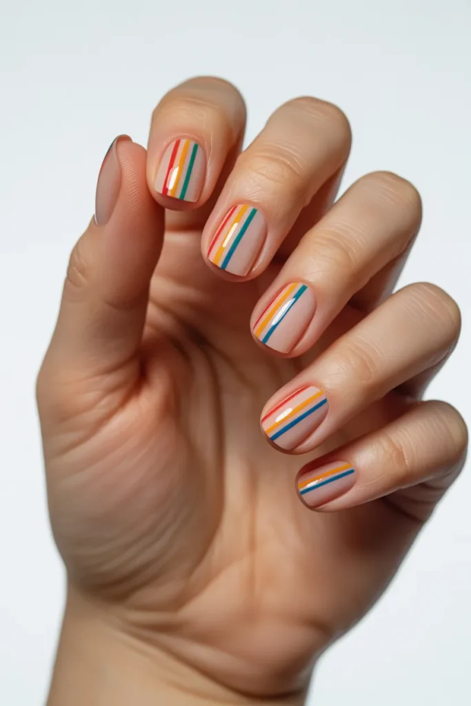 7. Rainbow Stripe Negative Space Nails
