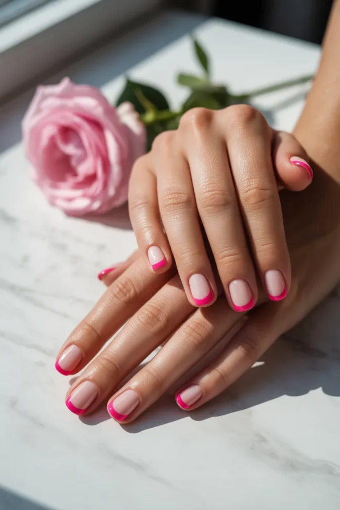 7. Short Square Spring Nails — Pink French Tip with Colour