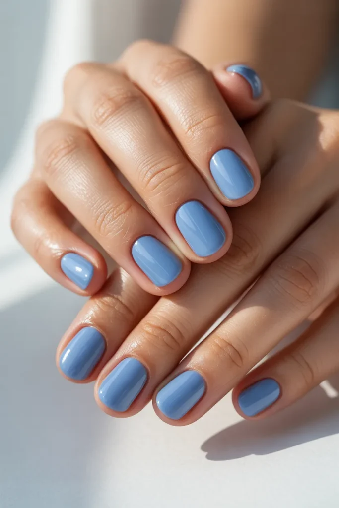 7. Simple Light Blue Gel Nails — Solid Colour