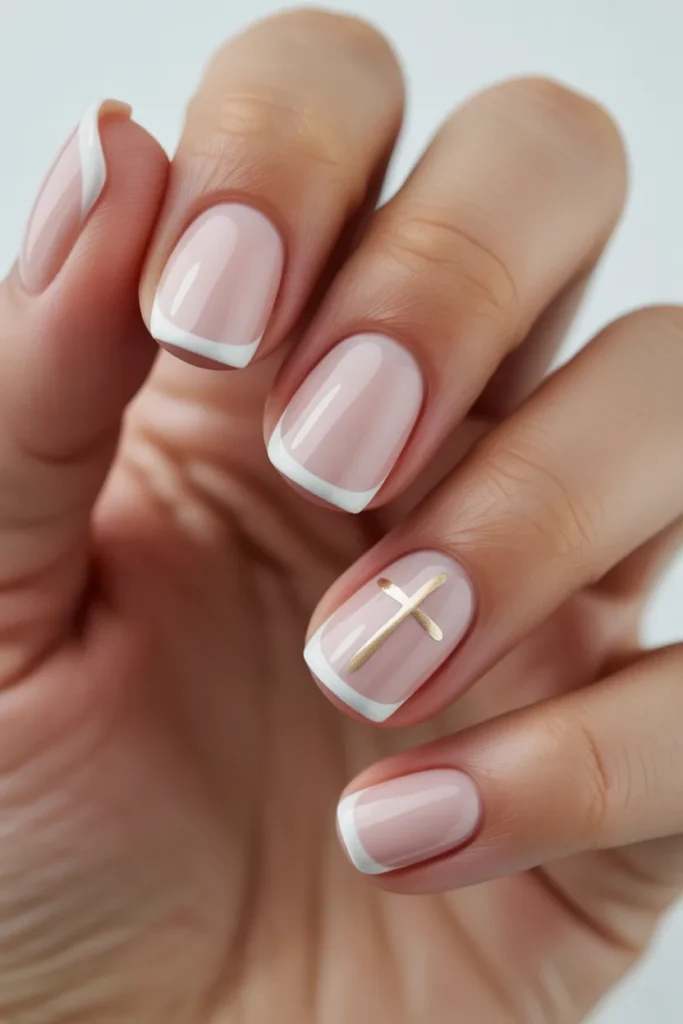 7. Soft Pink French Tip with Cross Nail Art
