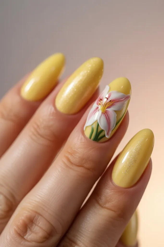 7. Yellow Easter Nails — Almond Shape