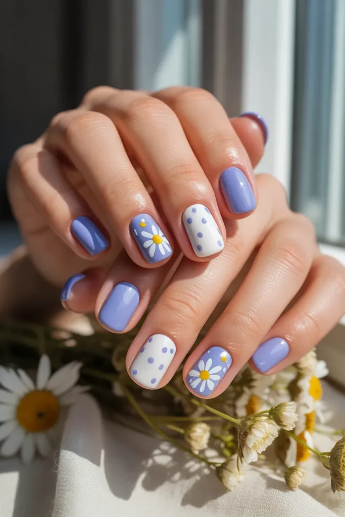 7.Blue and White Daisy Nails