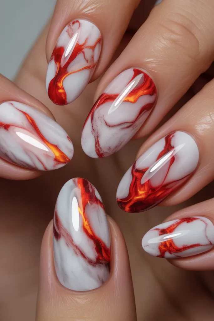 8. Aries Inspired Nails Acrylic — Marble with Red