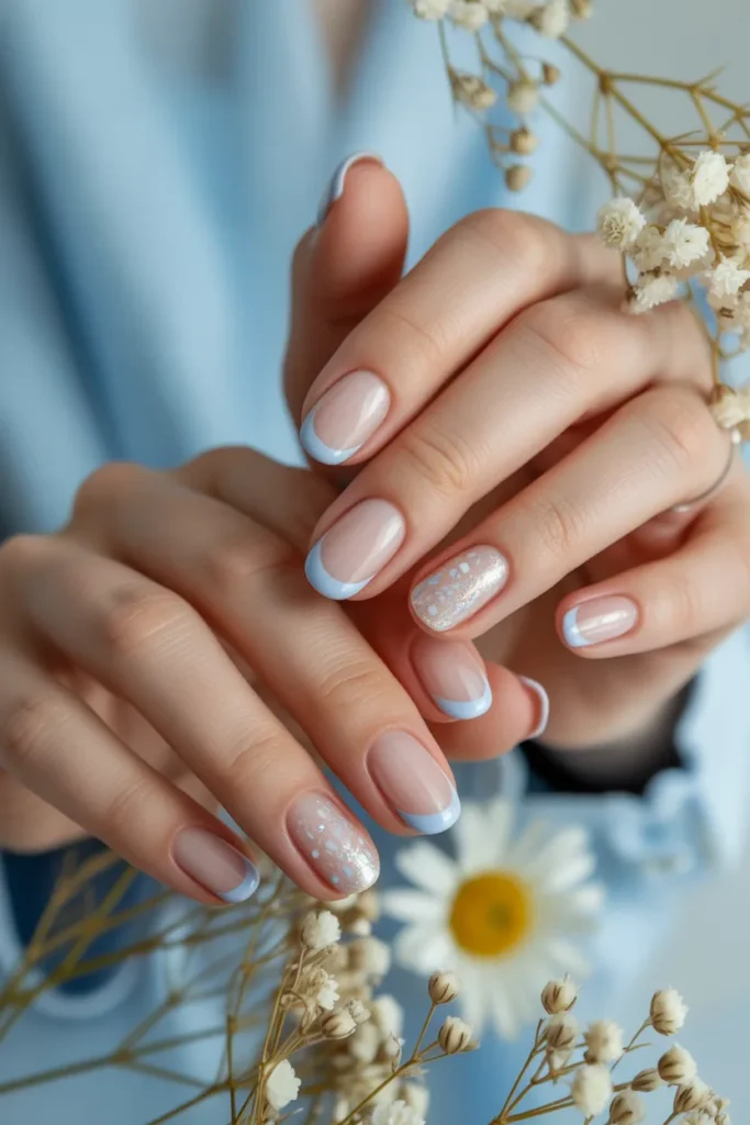 8. Baby Blue Oval French Tip Nails