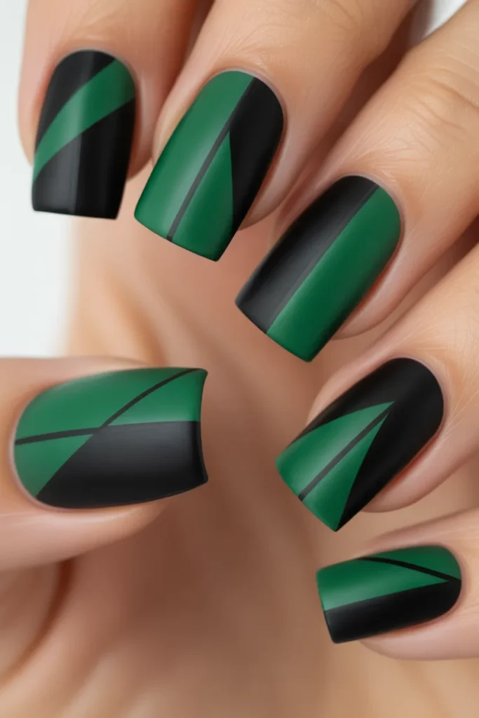 8. Black and Green Geometric Nail Art