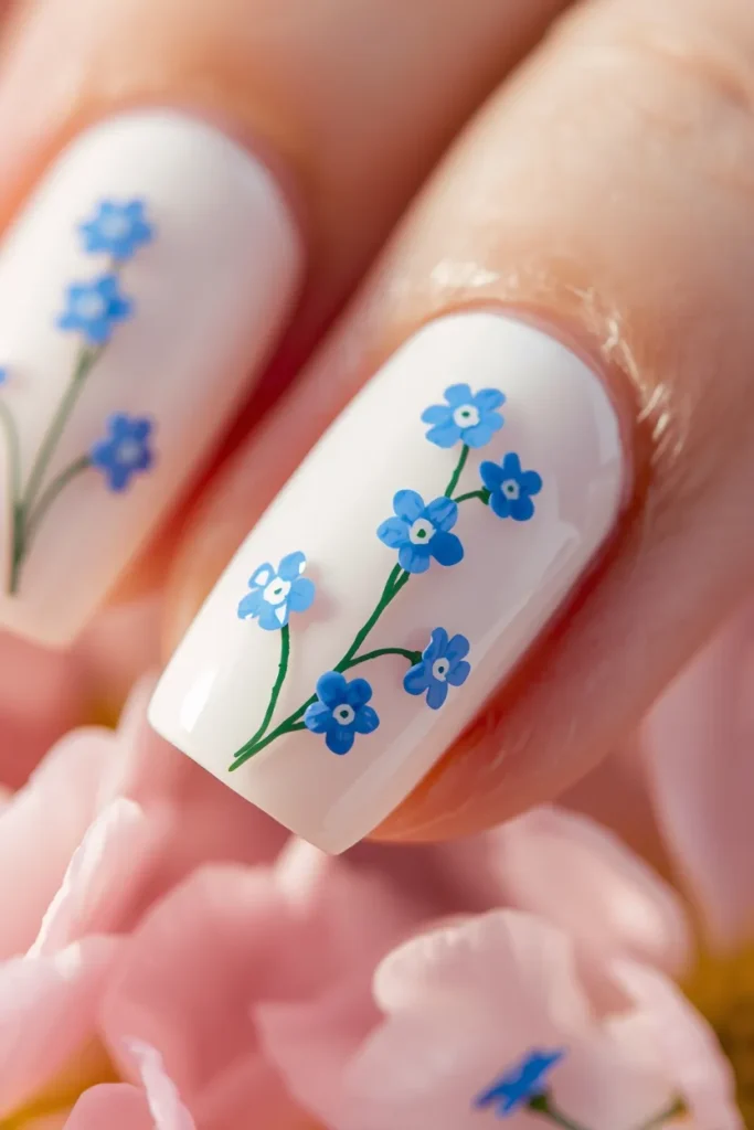 8. Blue and White Spring Nails — Forget Me Not Design