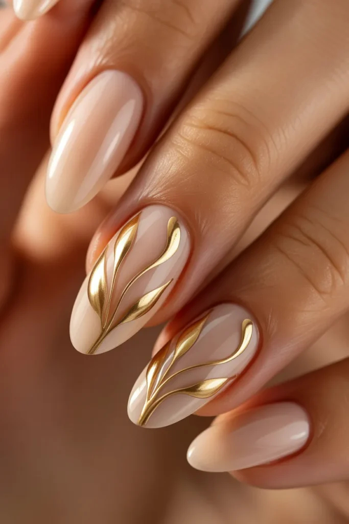 8. Classy Spring Gel Nail — Nude with Gold Line Art
