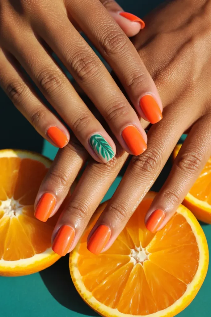 8. Coral and Peach Miami Inspired Square Nails