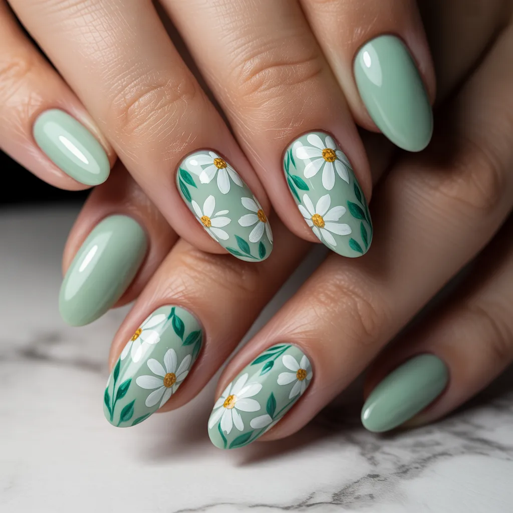 8. Cute Green Floral Nails