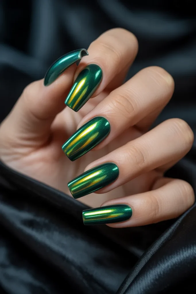 8. Dark Green Chrome Nails