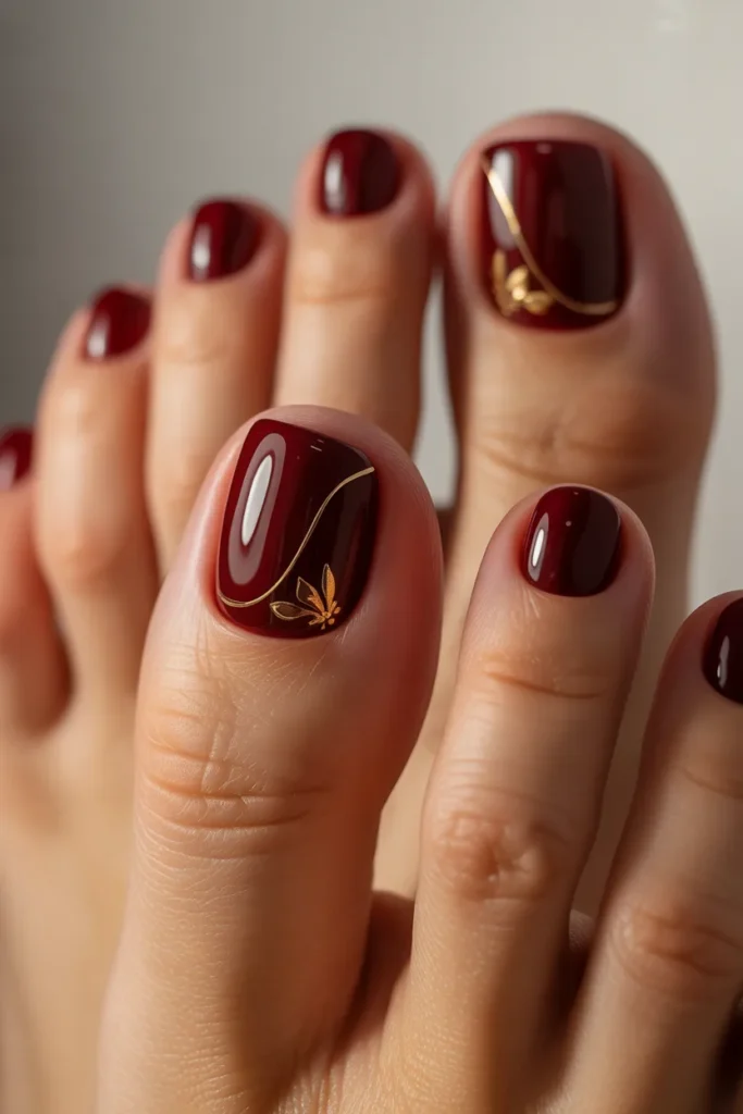 8. Dark Toenail Colour with Design — Burgundy and Gold Art