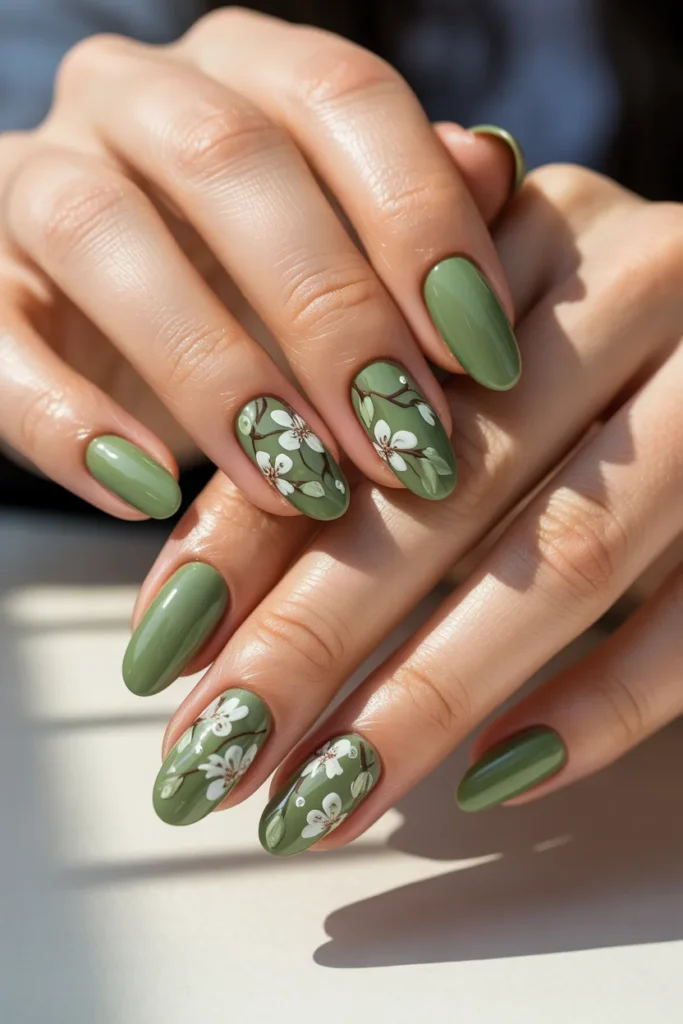 8. Green Floral Spring Nails — Botanical Aesthetic