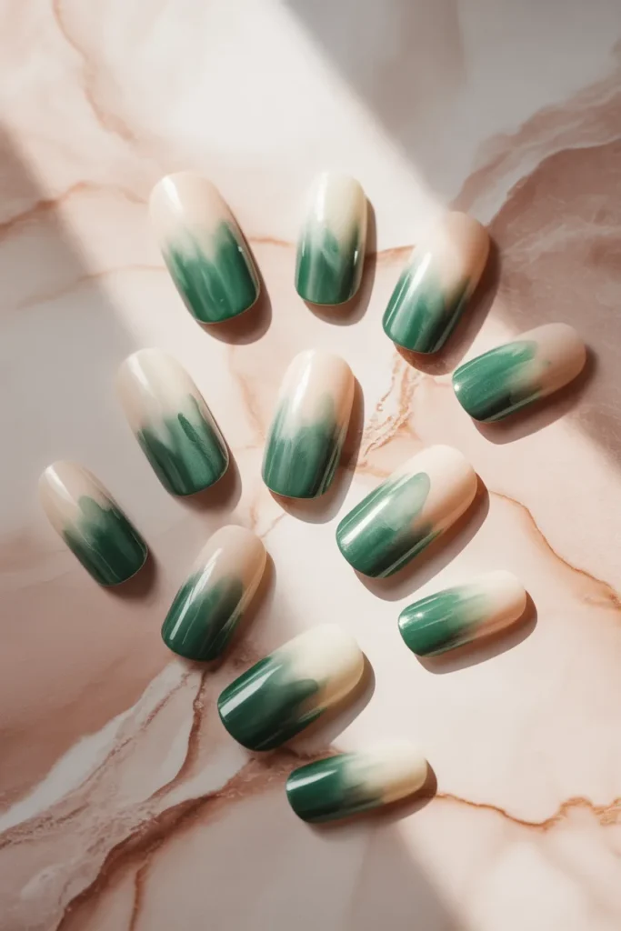 8. Green Watercolour Ombre Nails