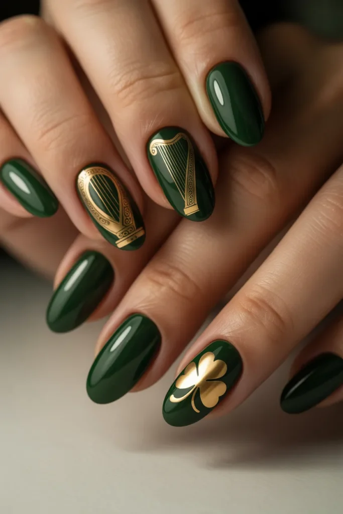 8. Irish Nail Art — Harp and Shamrock Design