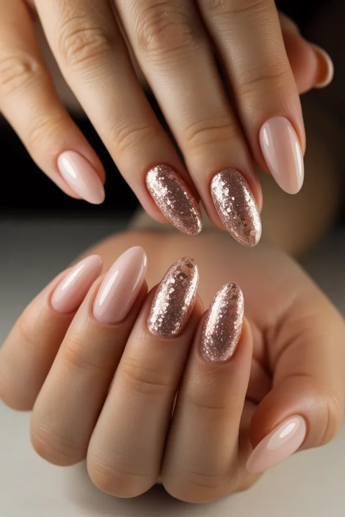 8. Rose Gold Glitter Accent Nails