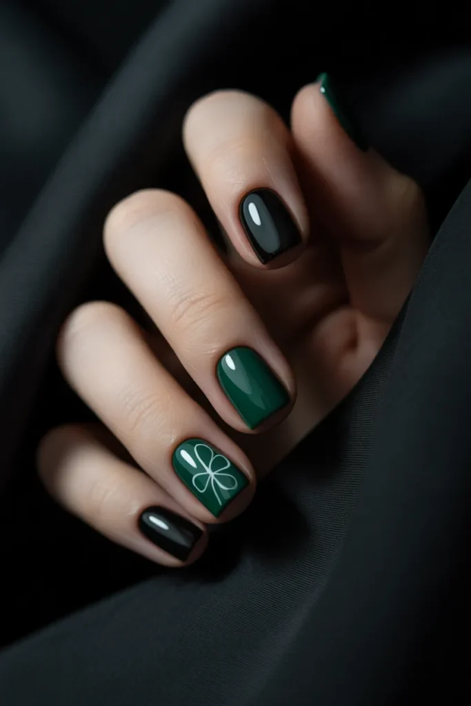 8. Simple Black and Green St. Patricks Day Nails