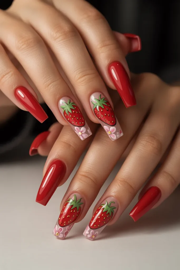 8. Strawberry Nail Art Acrylic — Long Coffin