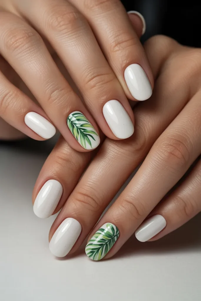 8. White Nails with Tropical Leaf Accents