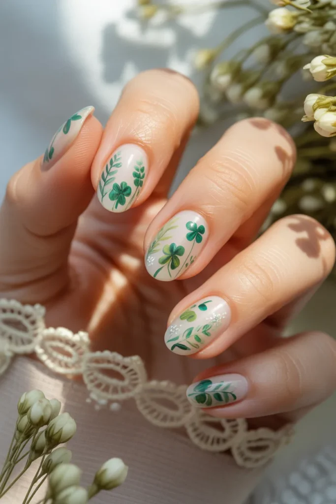 8. White and Green Floral Nails