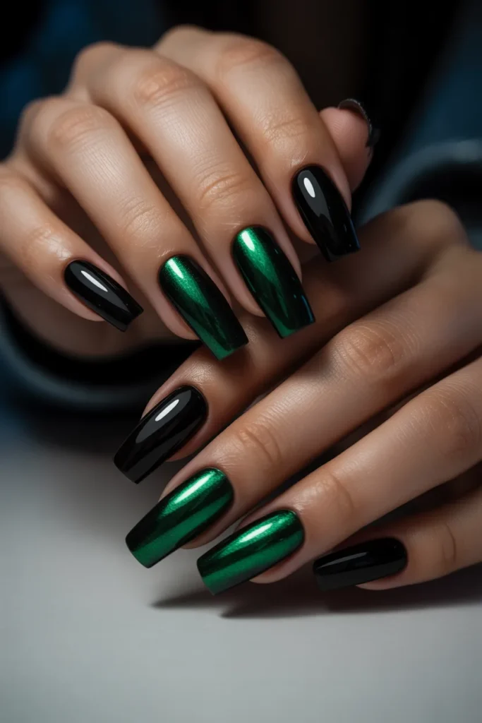 9. Black Coffin Nails with Green Chrome Accent