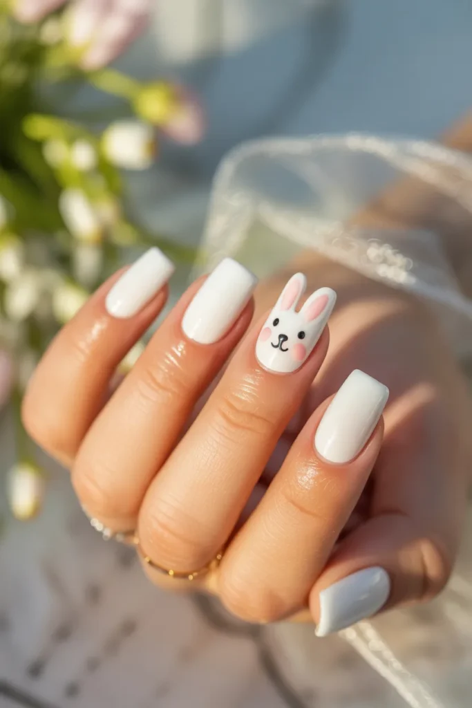 9. Easter Bunny Face Accent Nail on White Coffin Nails
