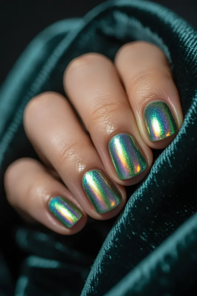 9. Holographic Green Nails