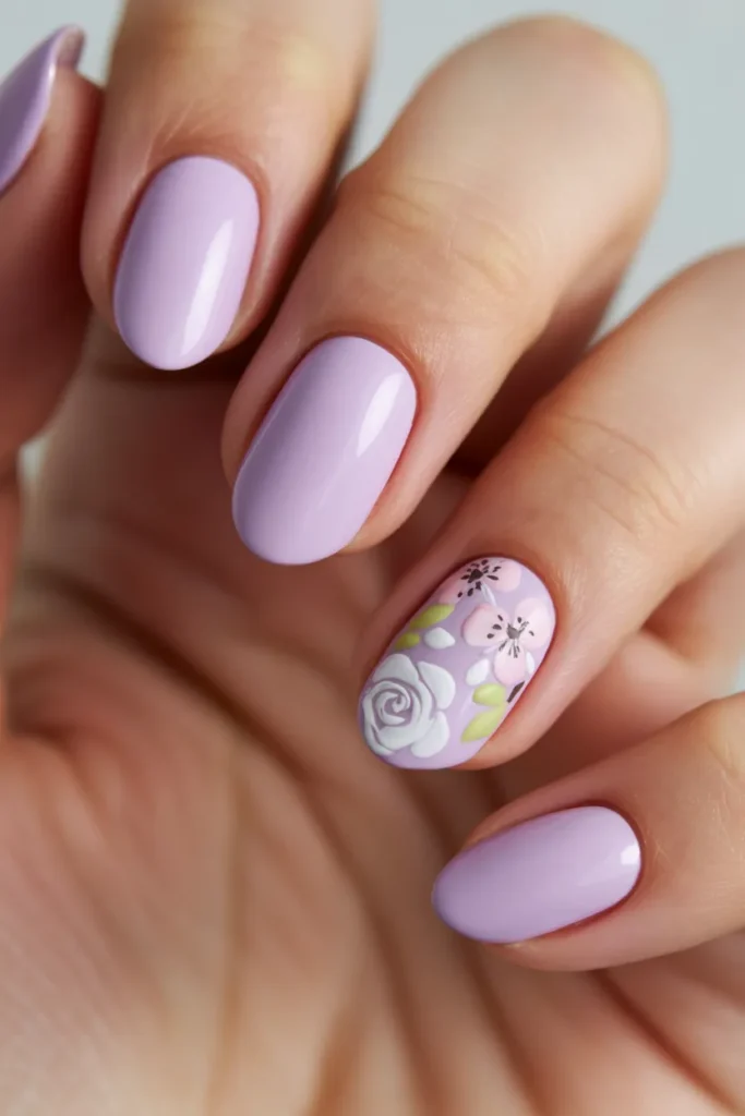 9. Lilac with Floral Accent Nail