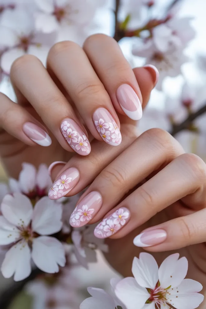 9. Ombre French Tips with Cherry Blossoms