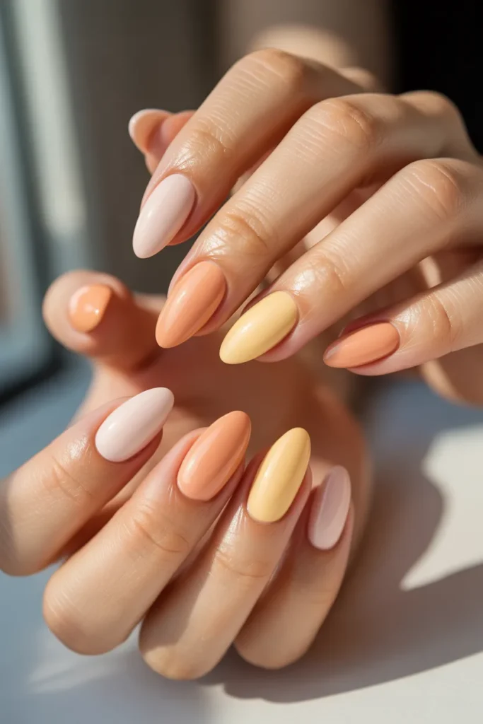 9. Pastel Easter Nails Almond — Peach and Cream Set