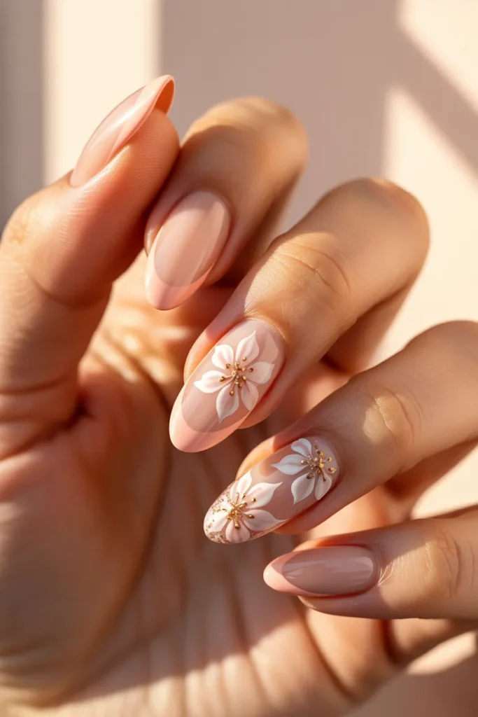 9. Peach French Tip Nails with Floral Accents