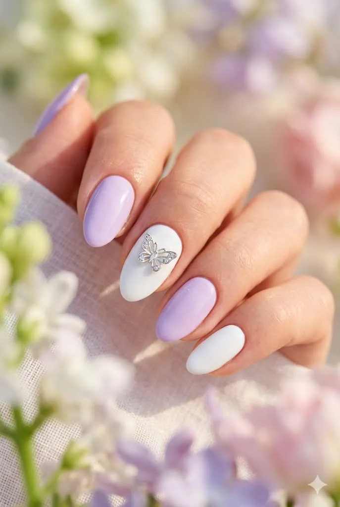 Easter Gel Nails 10 9.Lavender and White Easter Gel Nails