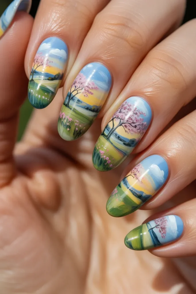 Almond Nails with Hand Painted Spring Landscape.25