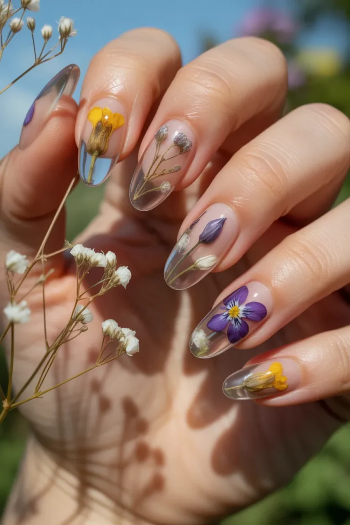 Almond Nails with Pressed Flower Encapsulation.20