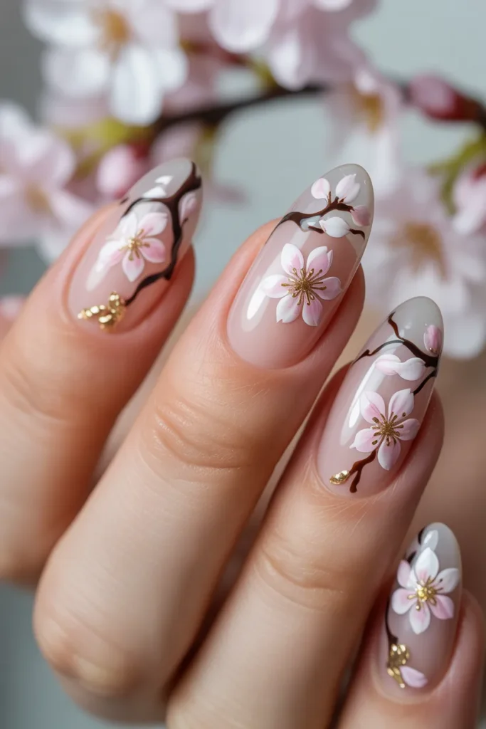 Cherry Blossom Floral Almond Nails.2