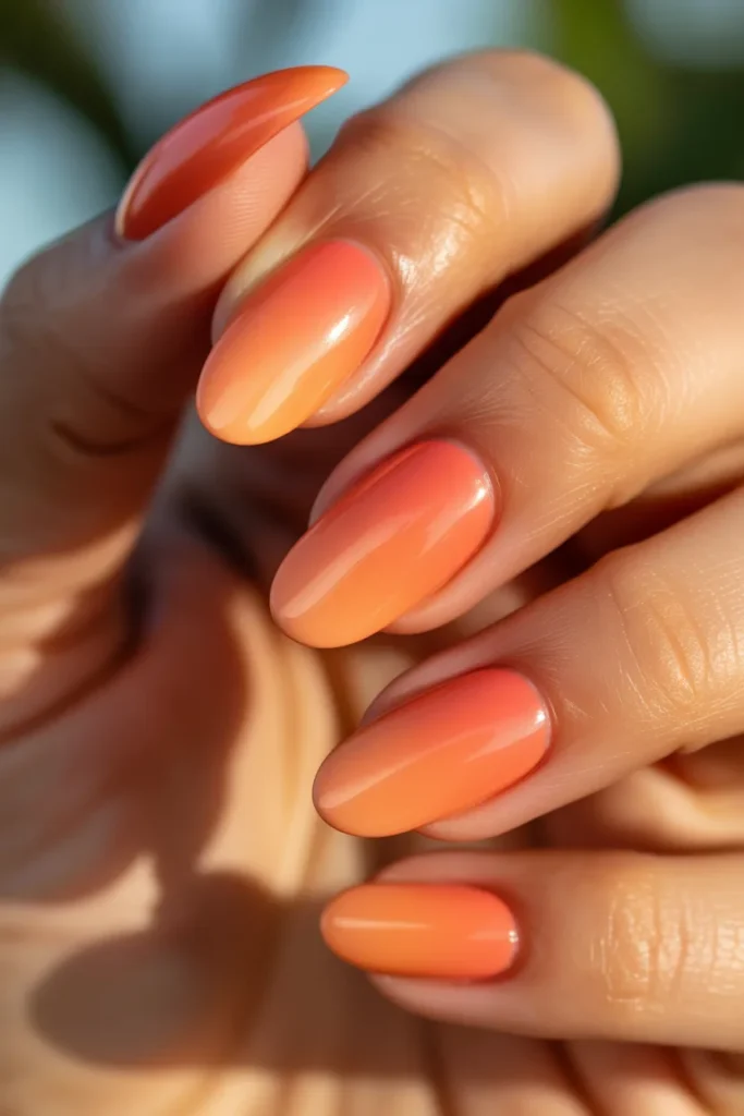 Coral Peach Ombre Almond Nails.11