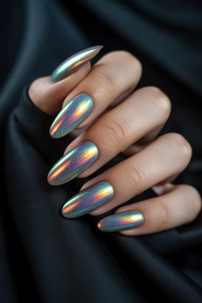 Iridescent Holographic Almond Nails.24