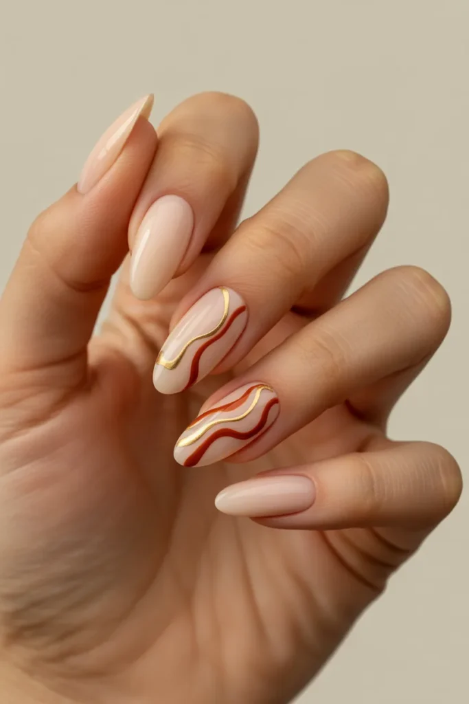 Nude Almond Nails with Abstract Lines.10