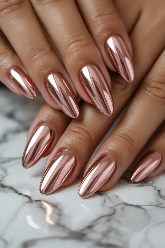 Rose Gold Chrome Almond Nails.9