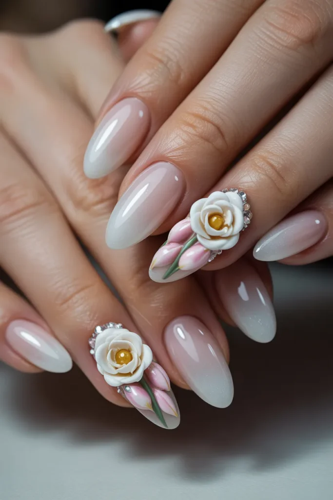 White Almond Nails with 3D Flowers.8