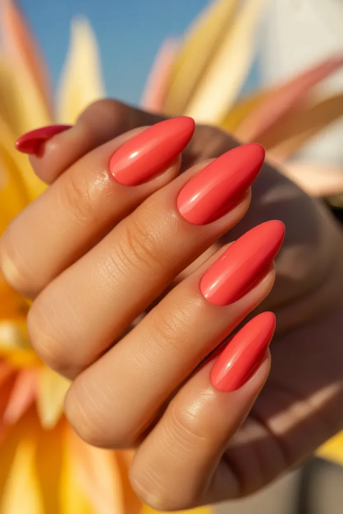 01 Coral Pink Short Almond Nails