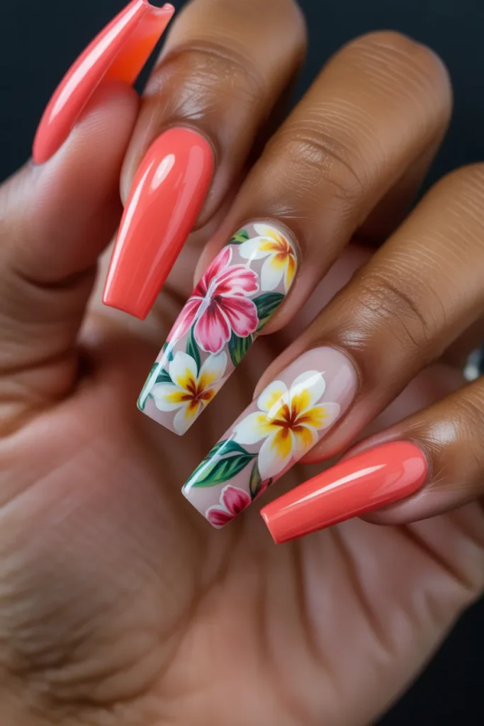 01 Tropical Floral Acrylic Coffin Nails · Salon Recommended